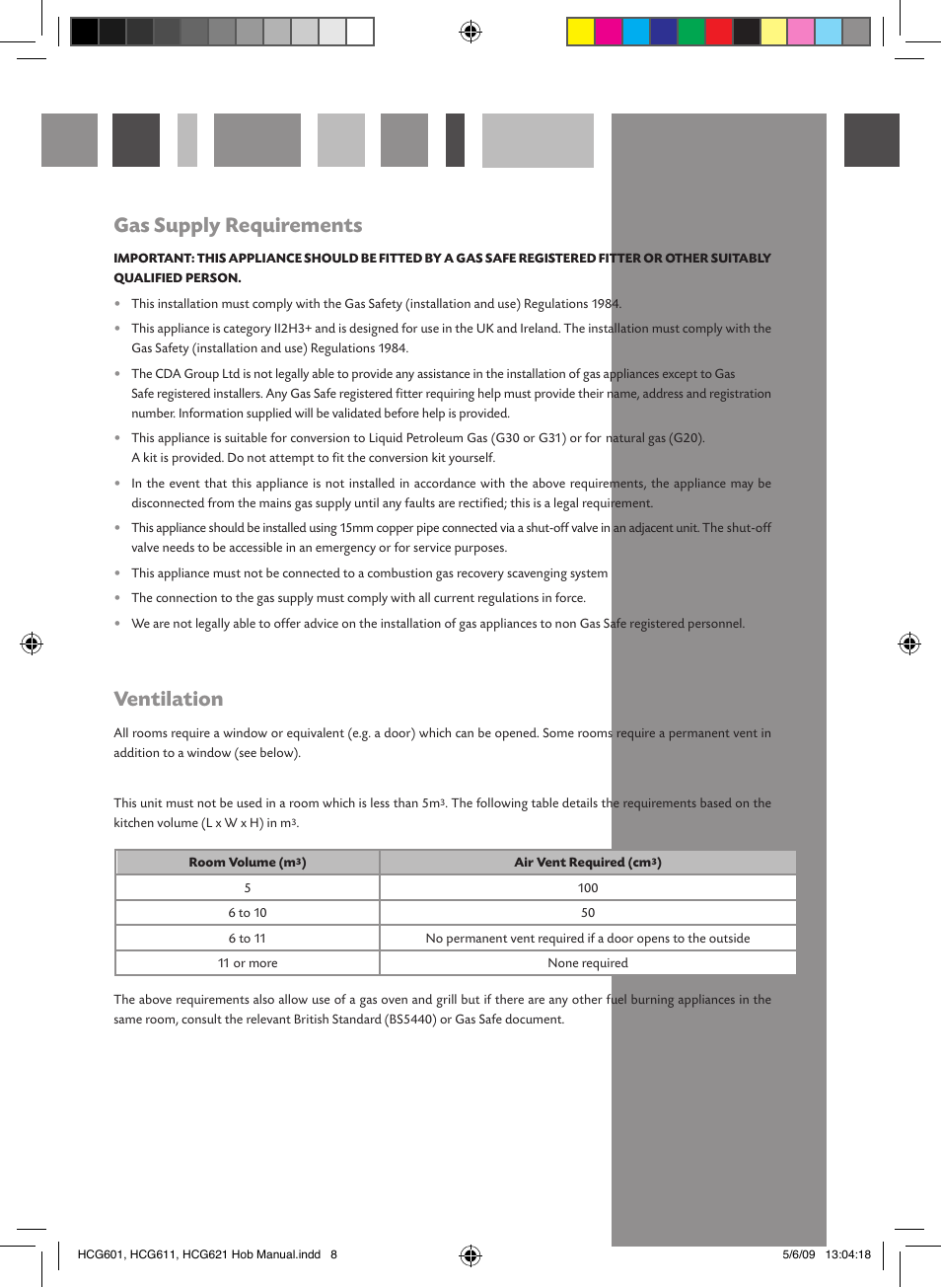 Gas supply requirements, Ventilation | CDA HCG612 User Manual | Page 8 / 12