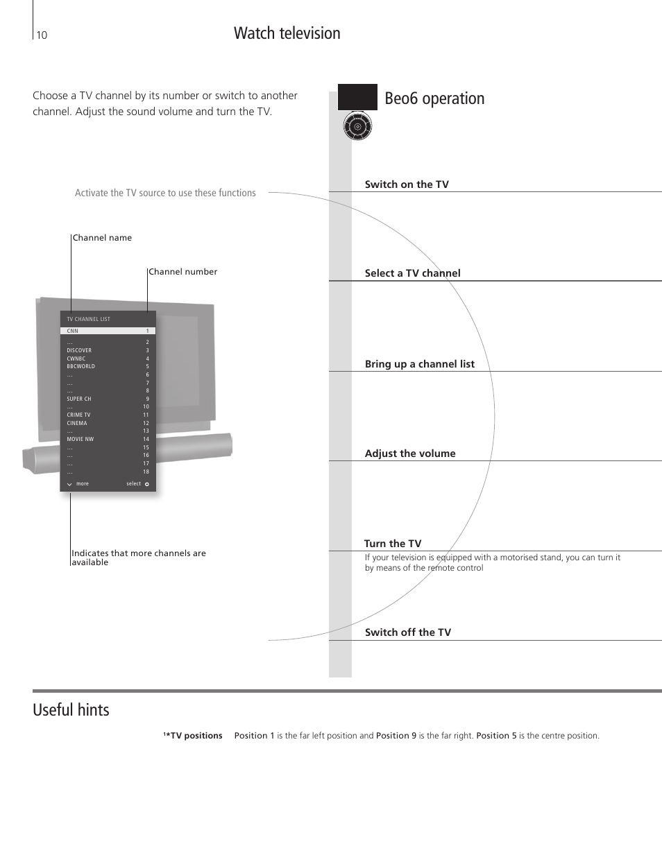 Watch television, Beo6 operation, Useful hints | Bang & Olufsen BeoVision 7-40/55 Getting Started User Manual | Page 10 / 36