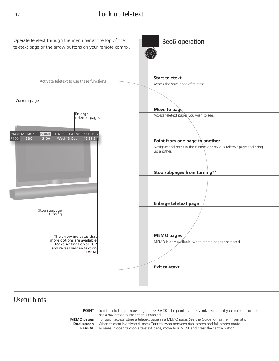 Look up teletext, Beo6 operation, Useful hints | Bang & Olufsen BeoVision 7-40/55 Getting Started User Manual | Page 12 / 36