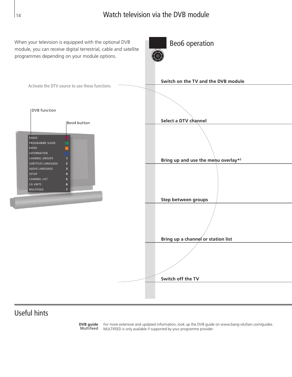 Watch television via the dvb module, Beo6 operation, Watch television via the dvb module useful hints | Bang & Olufsen BeoVision 7-40/55 Getting Started User Manual | Page 14 / 36