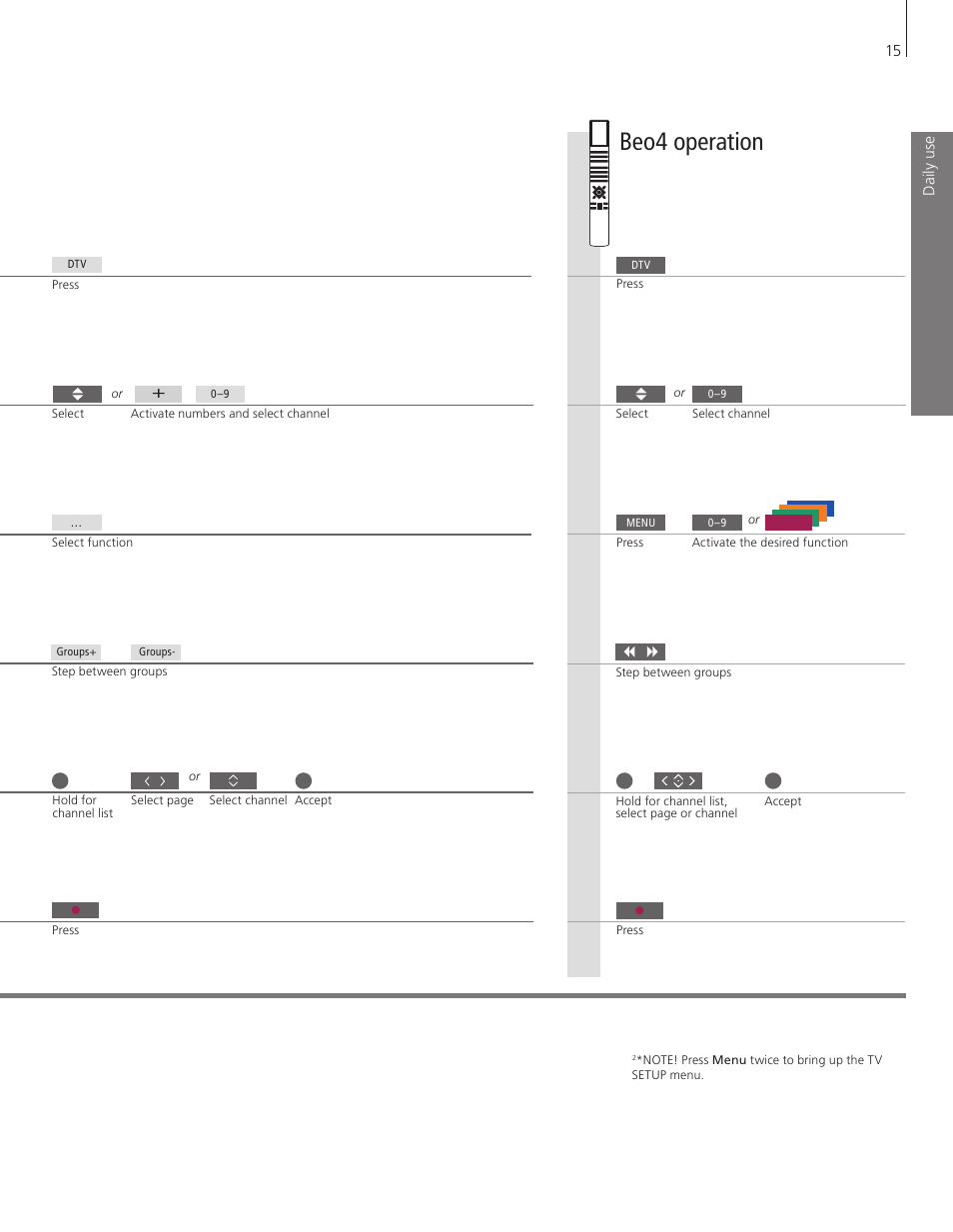 Beo4 operation | Bang & Olufsen BeoVision 7-40/55 Getting Started User Manual | Page 15 / 36