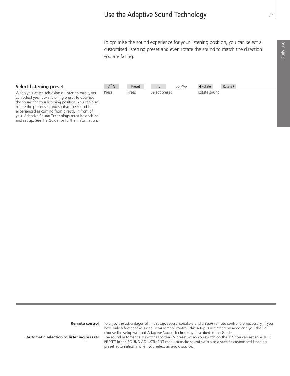 Use the adaptive sound technology | Bang & Olufsen BeoVision 7-40/55 Getting Started User Manual | Page 21 / 36