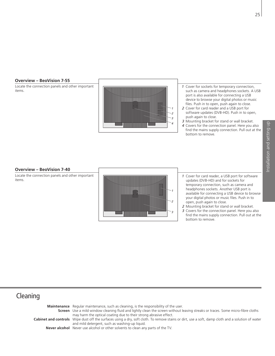 Cleaning | Bang & Olufsen BeoVision 7-40/55 Getting Started User Manual | Page 25 / 36