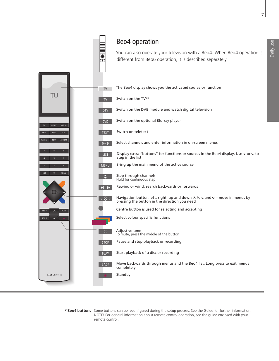 Beo4 operation, Dai ly u se | Bang & Olufsen BeoVision 7-40/55 Getting Started User Manual | Page 7 / 36