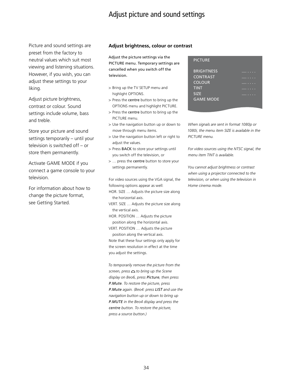 Adjust picture and sound settings, Adjust picture and sound settings, 34, Sound | Picture | Bang & Olufsen BeoVision 7-40/55 User Guide User Manual | Page 34 / 74