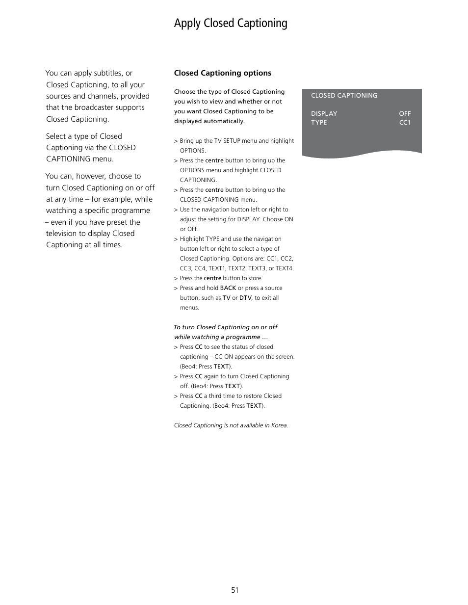 Apply closed captioning, Apply closed captioning, 51, Closed captioning | Bang & Olufsen BeoVision 7-40/55 User Guide User Manual | Page 51 / 74