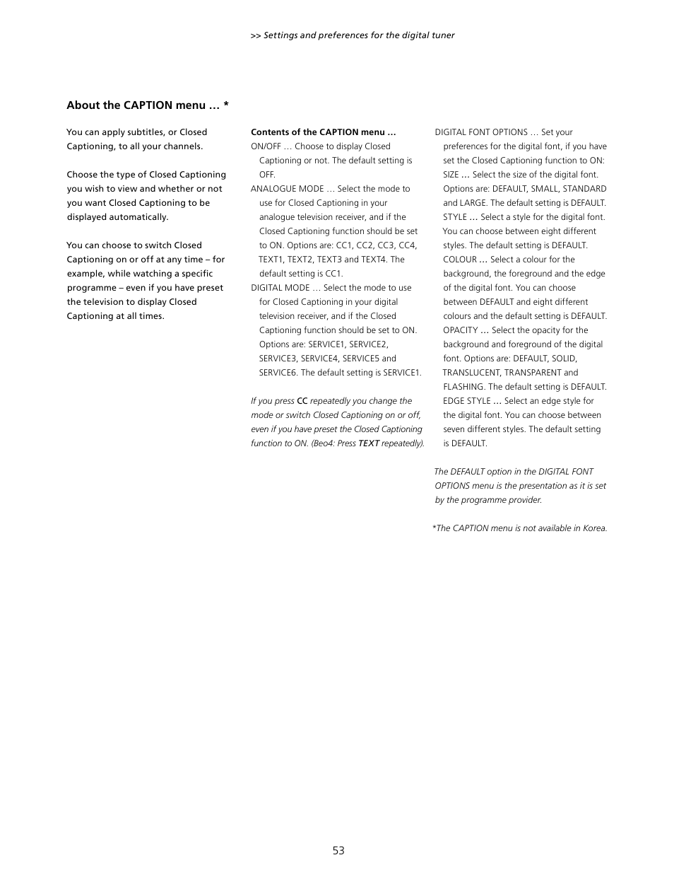 On/off, Analogue mode, Digital mode digital font options | Bang & Olufsen BeoVision 7-40/55 User Guide User Manual | Page 53 / 74