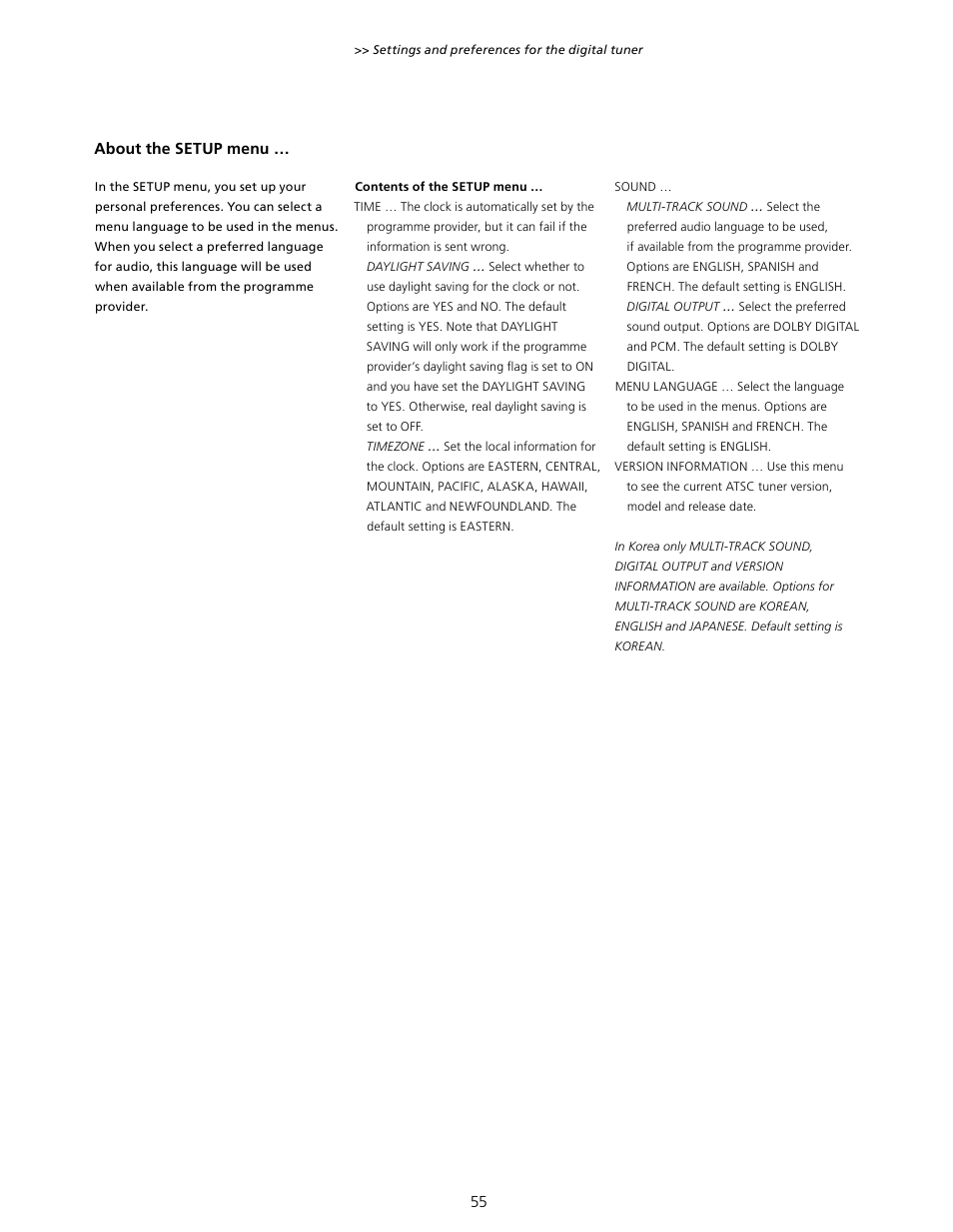 Time, Sound, Menu language | Version information | Bang & Olufsen BeoVision 7-40/55 User Guide User Manual | Page 55 / 74