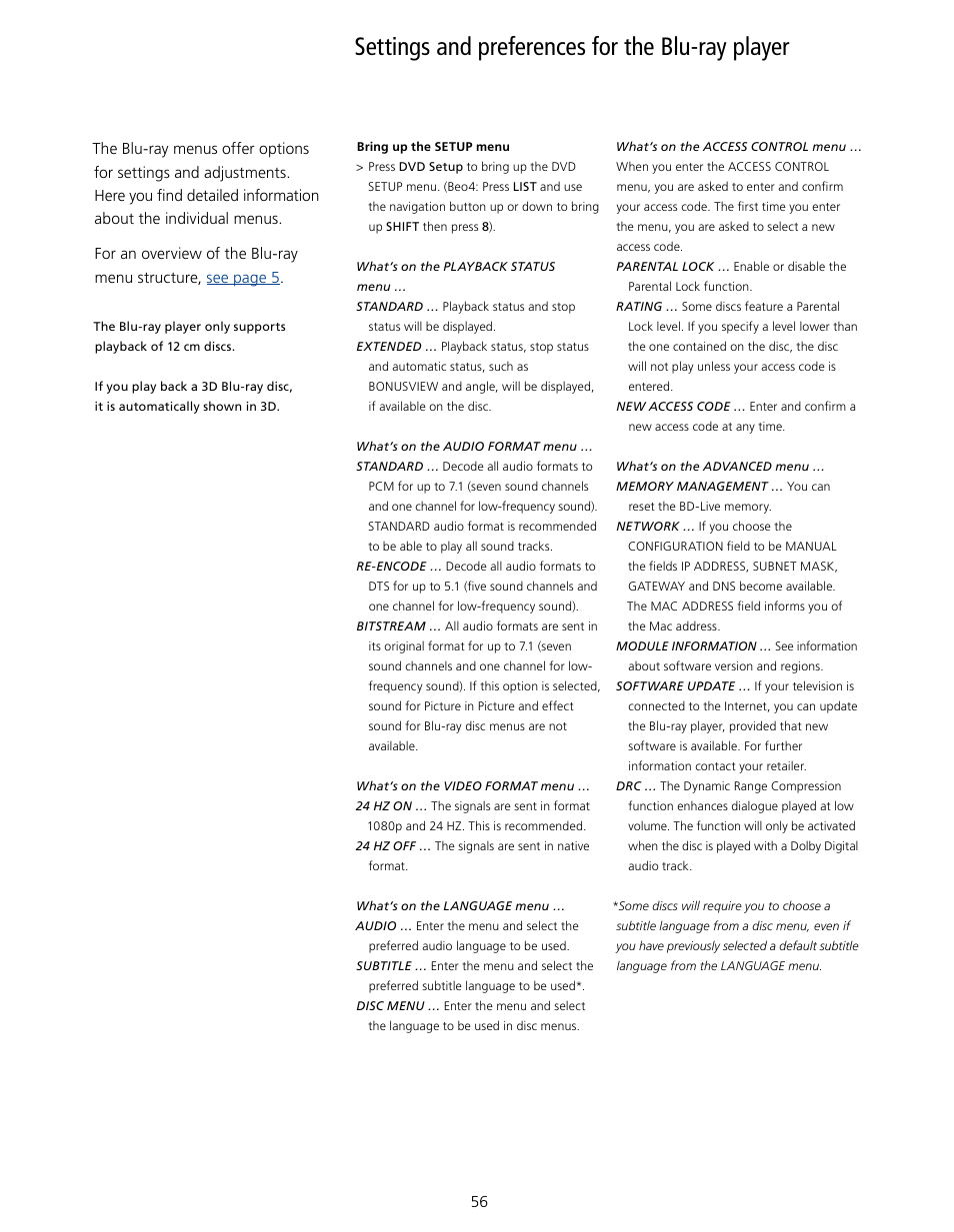 Settings and preferences for the blu-ray player, Playback status, Audio format | Video format, Language, Access control, Advanced | Bang & Olufsen BeoVision 7-40/55 User Guide User Manual | Page 56 / 74