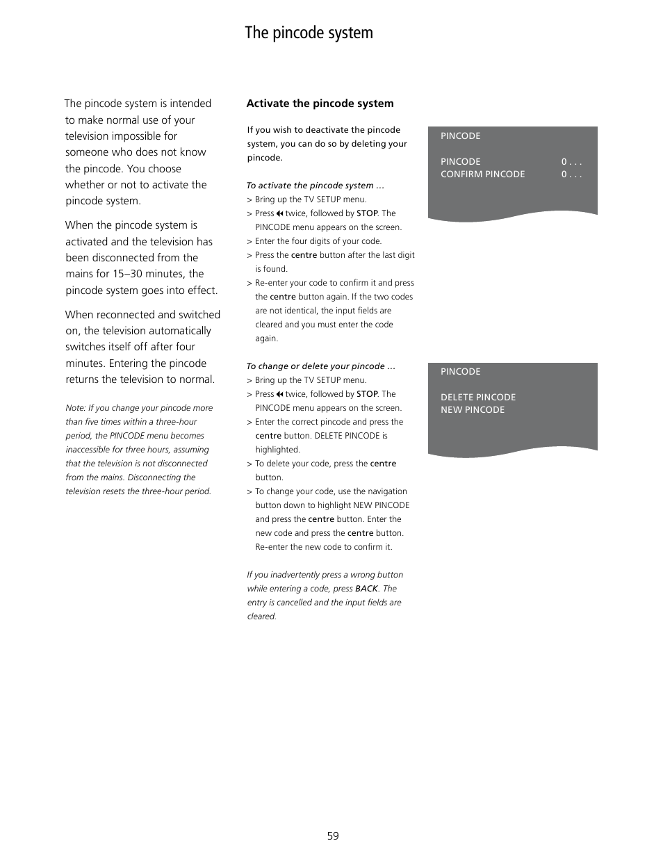 The pincode system, The pincode system, 59, How to use the pincode system | Bang & Olufsen BeoVision 7-40/55 User Guide User Manual | Page 59 / 74
