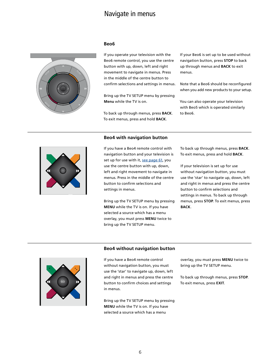 Navigate in menus, Navigate in menus, 6 | Bang & Olufsen BeoVision 7-40/55 User Guide User Manual | Page 6 / 74