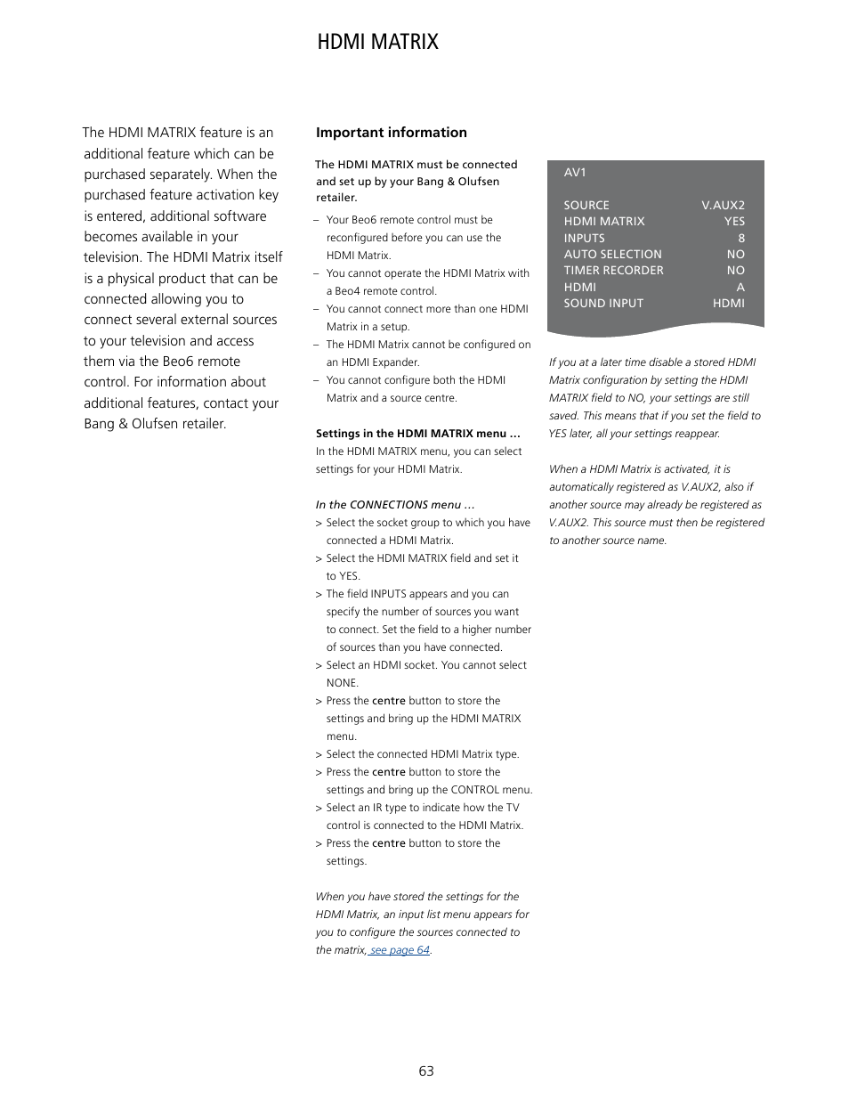 Hdmi matrix | Bang & Olufsen BeoVision 7-40/55 User Guide User Manual | Page 63 / 74