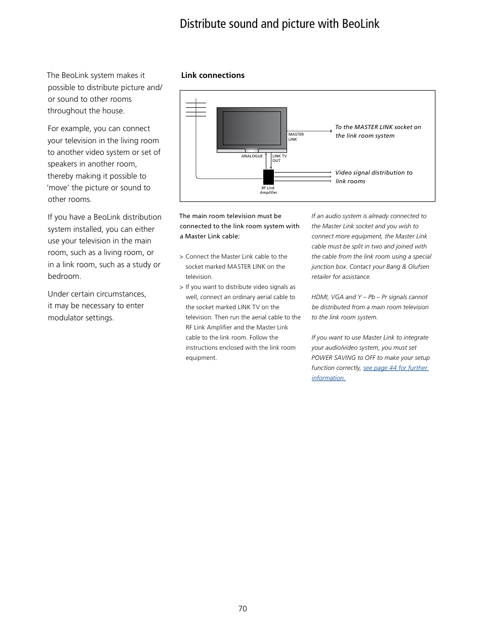 Distribute sound and picture with beolink | Bang & Olufsen BeoVision 7-40/55 User Guide User Manual | Page 70 / 74