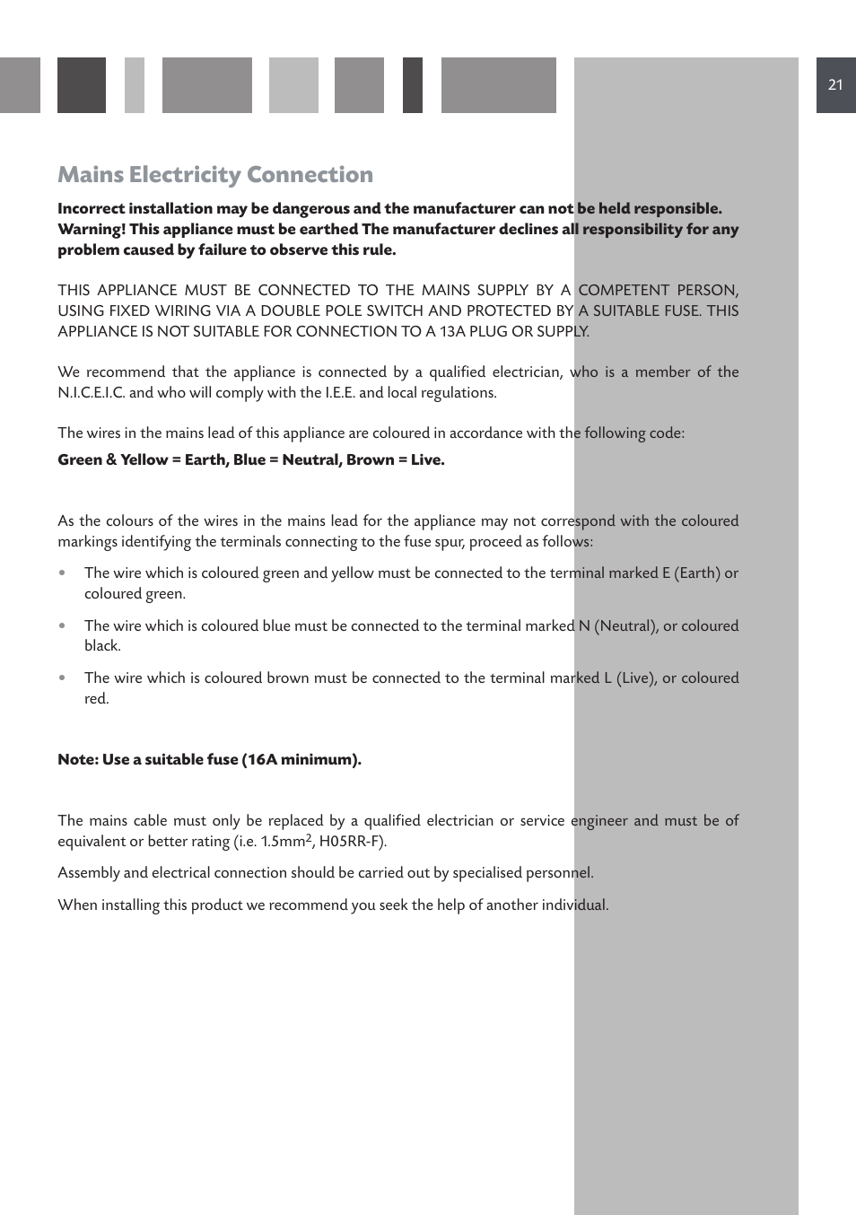Mains electricity connection | CDA HVC 32 User Manual | Page 21 / 24