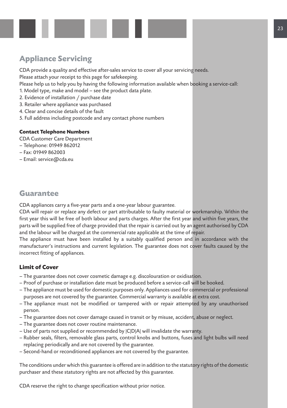 Appliance servicing, Guarantee | CDA HVC 32 User Manual | Page 23 / 24
