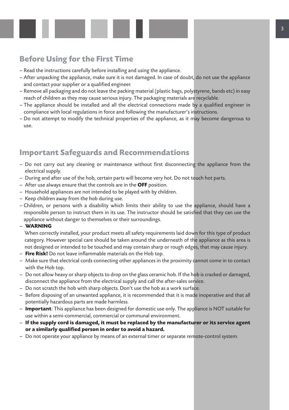 Before using for the first time, Important safeguards and recommendations | CDA HVC 32 User Manual | Page 3 / 24