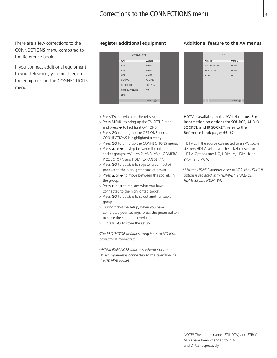 Corrections to the connections menu, Register additional equipment, Additional feature to the av menus | Bang & Olufsen BeoVision 7-32 Supplement User Manual | Page 3 / 8