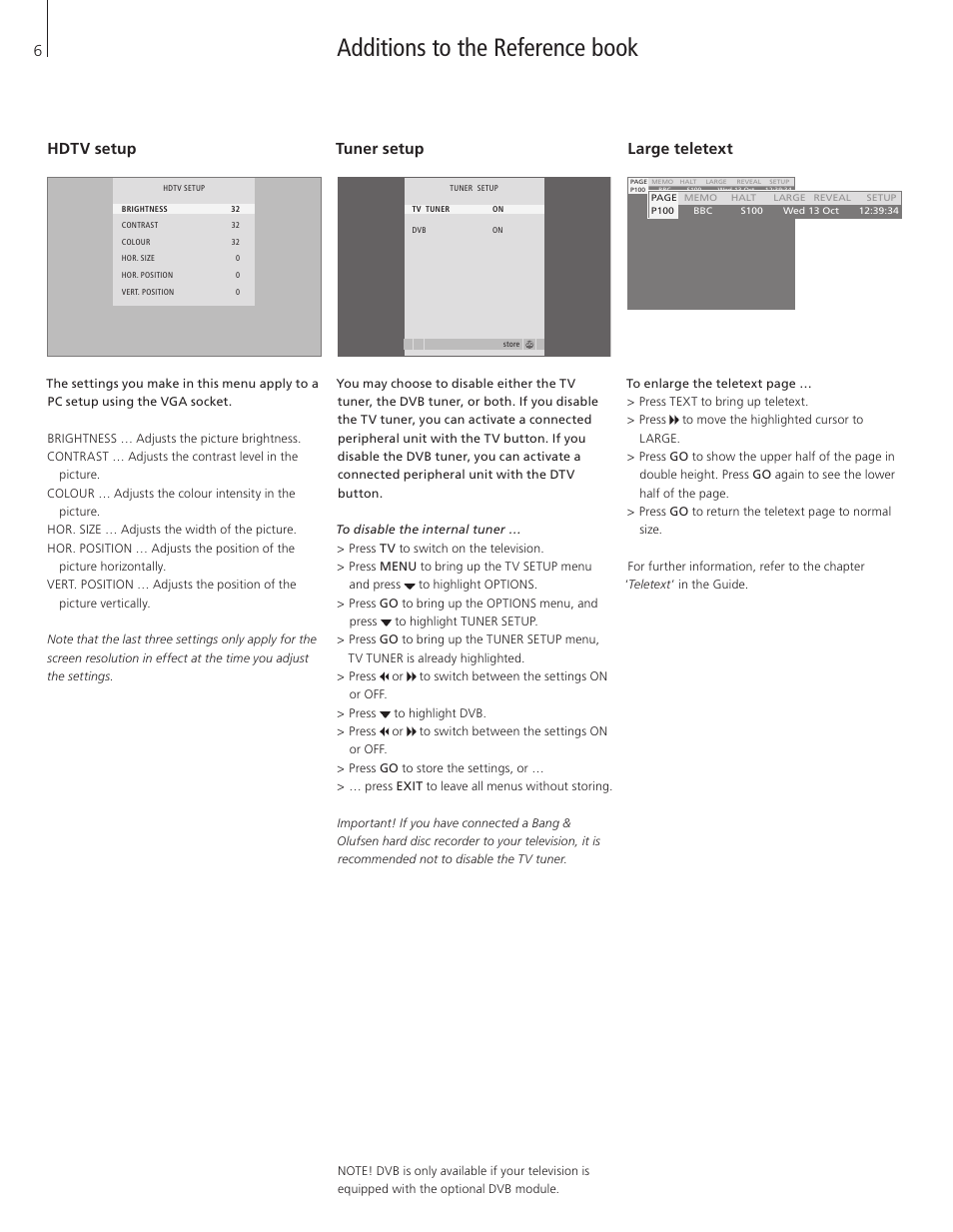 Additions to the reference book, Hdtv setup, Tuner setup | Large teletext | Bang & Olufsen BeoVision 7-32 Supplement User Manual | Page 6 / 8