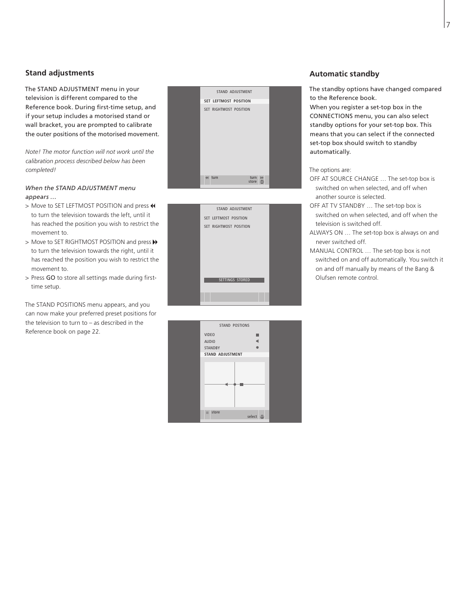 Stand adjustments, Automatic standby, Stand adjustments automatic standby | Bang & Olufsen BeoVision 7-32 Supplement User Manual | Page 7 / 8