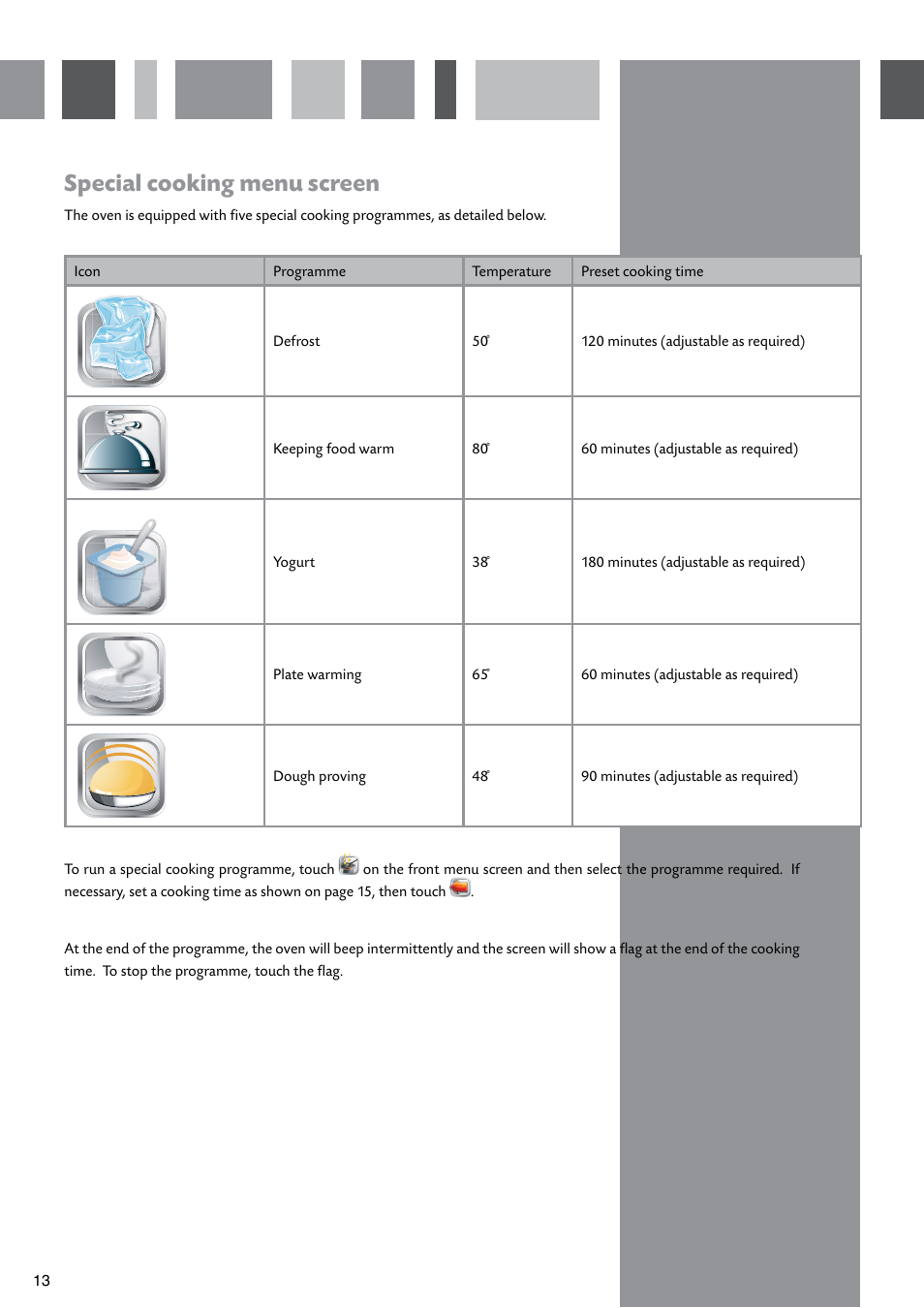 Special cooking menu screen | CDA SV310SS User Manual | Page 14 / 24