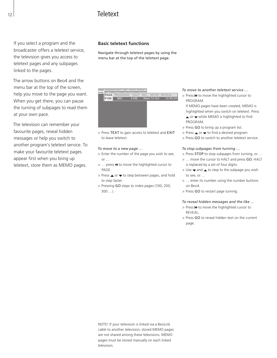 Teletext, Basic teletext functions | Bang & Olufsen BeoVision 7-32 User Guide User Manual | Page 12 / 28