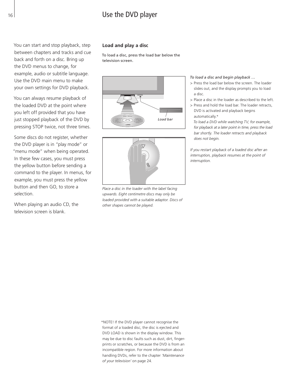 Use the dvd player, Load and play a disc | Bang & Olufsen BeoVision 7-32 User Guide User Manual | Page 16 / 28
