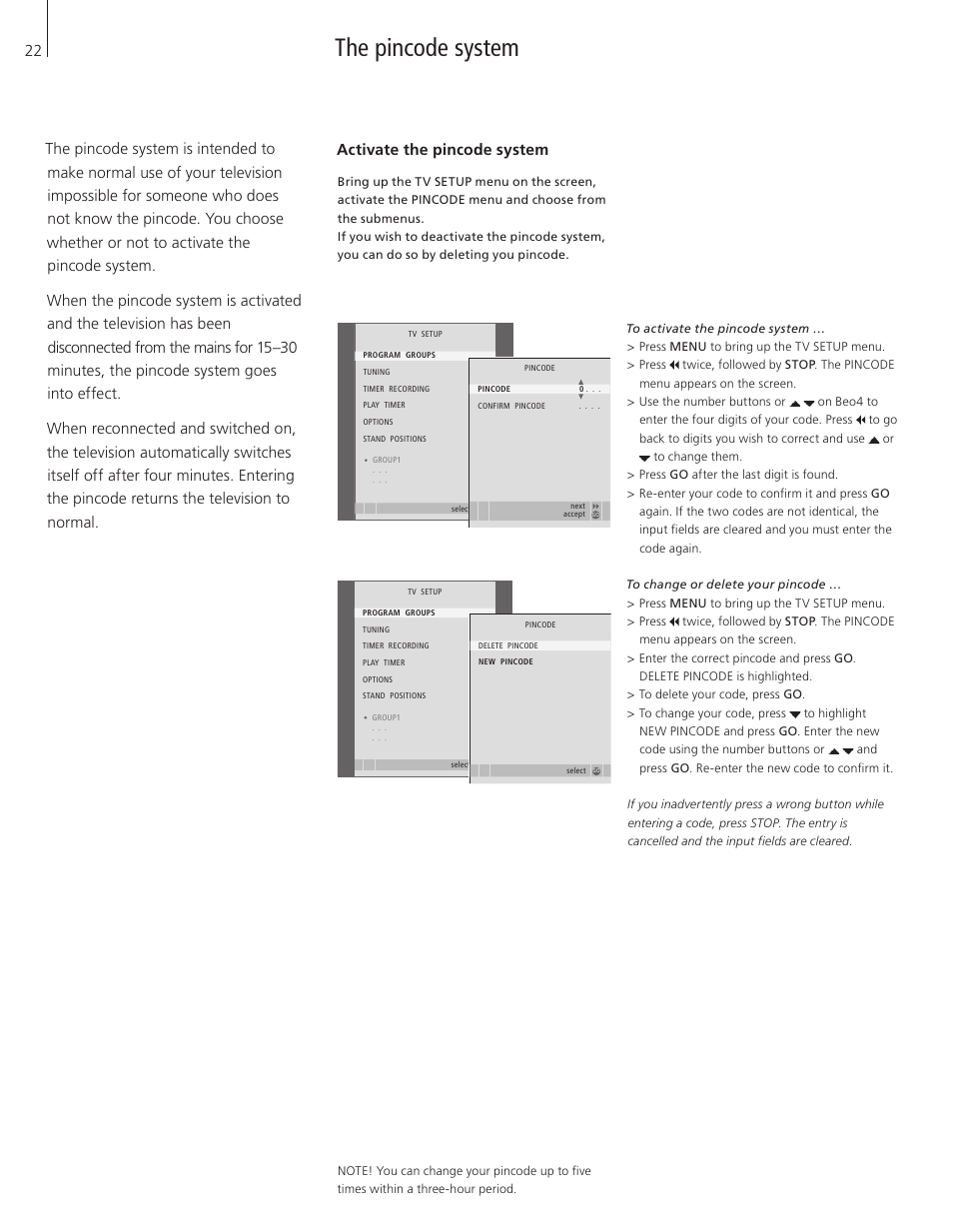 The pincode system, Activate the pincode system | Bang & Olufsen BeoVision 7-32 User Guide User Manual | Page 22 / 28