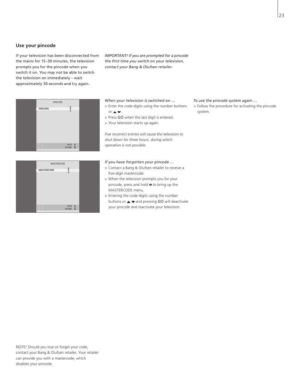Use your pincode, 23 use your pincode | Bang & Olufsen BeoVision 7-32 User Guide User Manual | Page 23 / 28