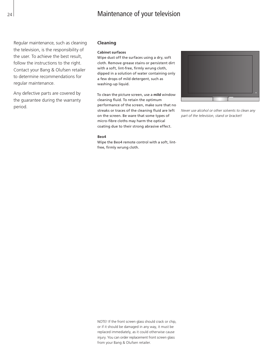Maintenance of your television, Cleaning | Bang & Olufsen BeoVision 7-32 User Guide User Manual | Page 24 / 28