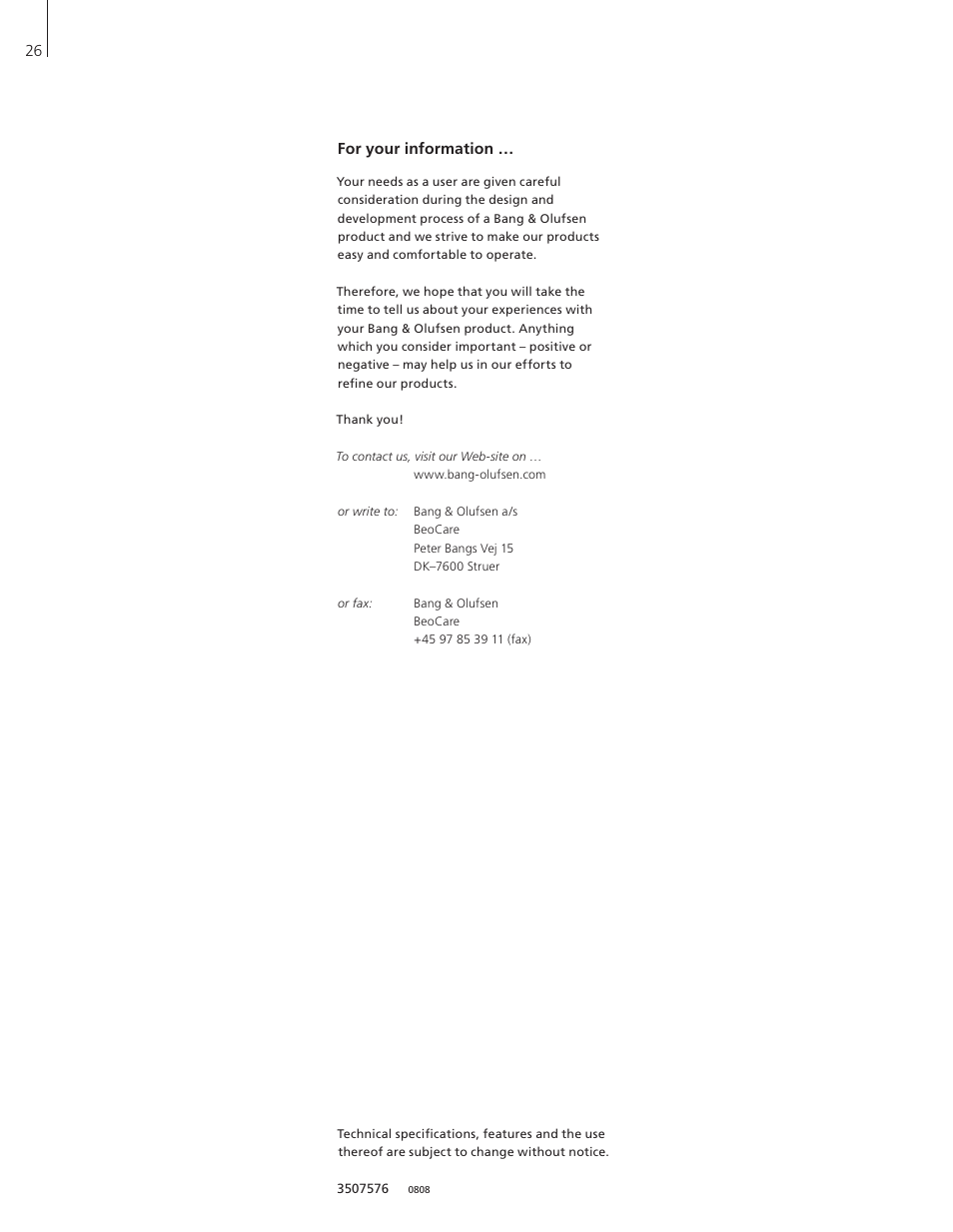For your information | Bang & Olufsen BeoVision 7-32 User Guide User Manual | Page 26 / 28