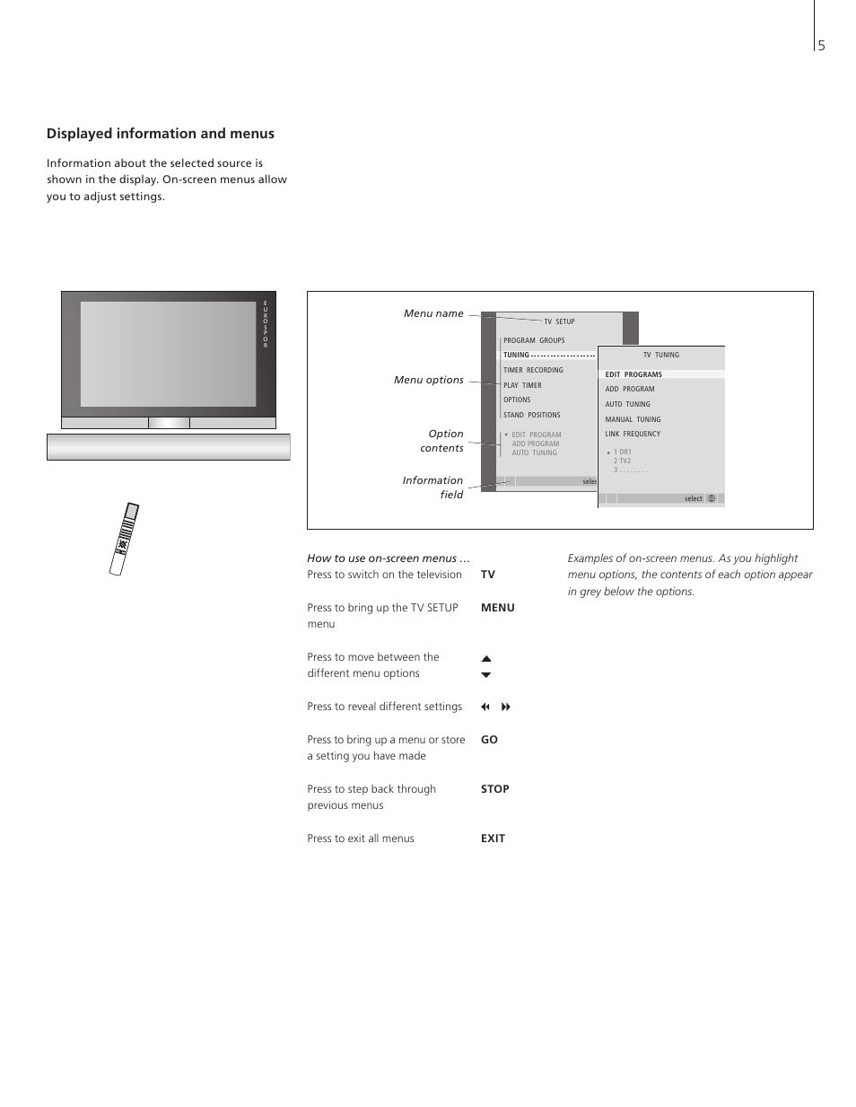 Displayed information and menus, 5displayed information and menus | Bang & Olufsen BeoVision 7-32 User Guide User Manual | Page 5 / 28