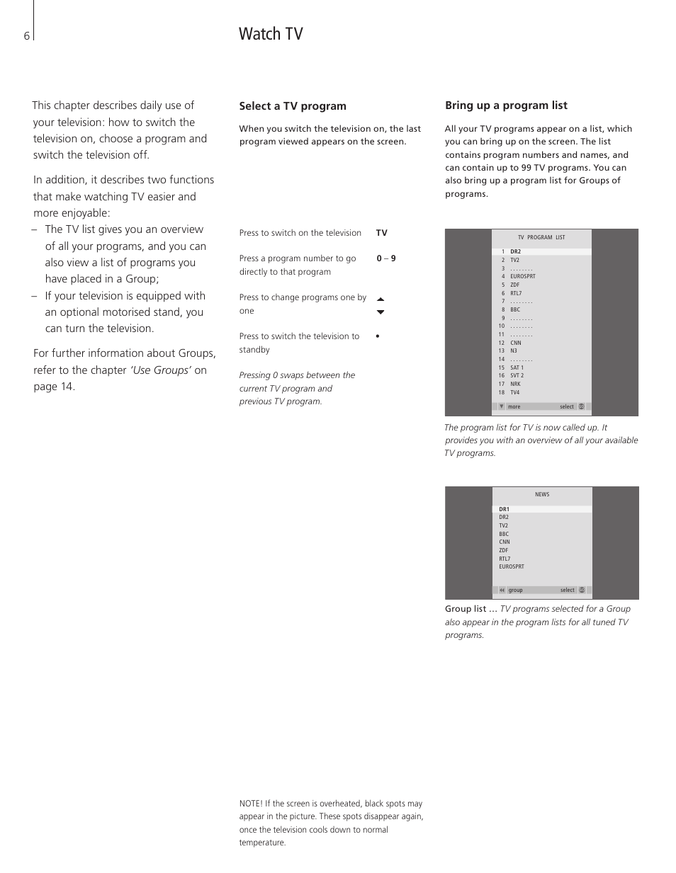 Watch tv, Select a tv program, Bring up a program list | Bang & Olufsen BeoVision 7-32 User Guide User Manual | Page 6 / 28