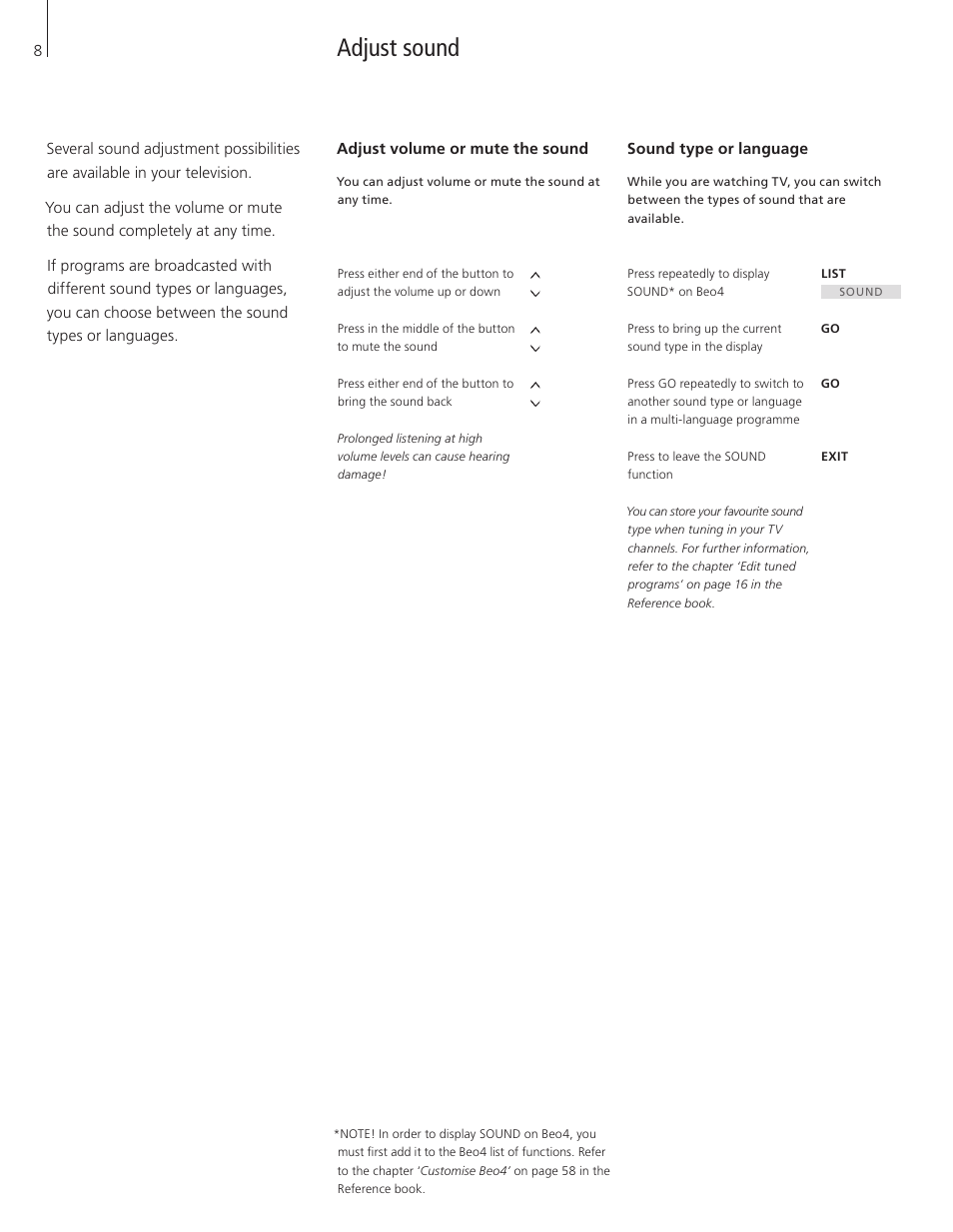 Adjust sound, Adjust volume or mute the sound, Sound type or language | Bang & Olufsen BeoVision 7-32 User Guide User Manual | Page 8 / 28