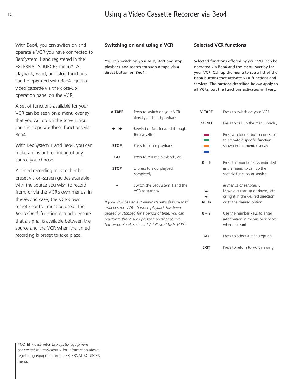 Using a video cassette recorder via beo4 | Bang & Olufsen BeoSystem 1 User Manual | Page 10 / 52