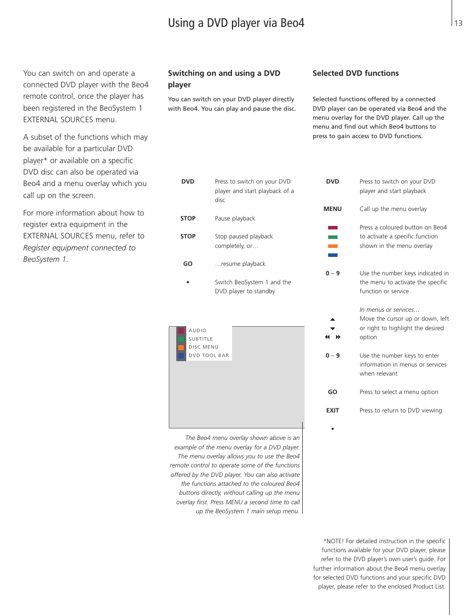 Using a dvd player via beo4 | Bang & Olufsen BeoSystem 1 User Manual | Page 13 / 52