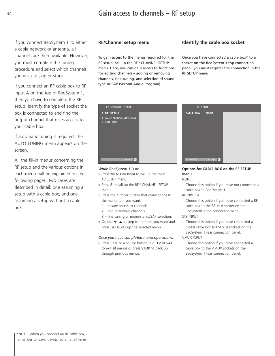 Gain access to channels – rf setup | Bang & Olufsen BeoSystem 1 User Manual | Page 34 / 52