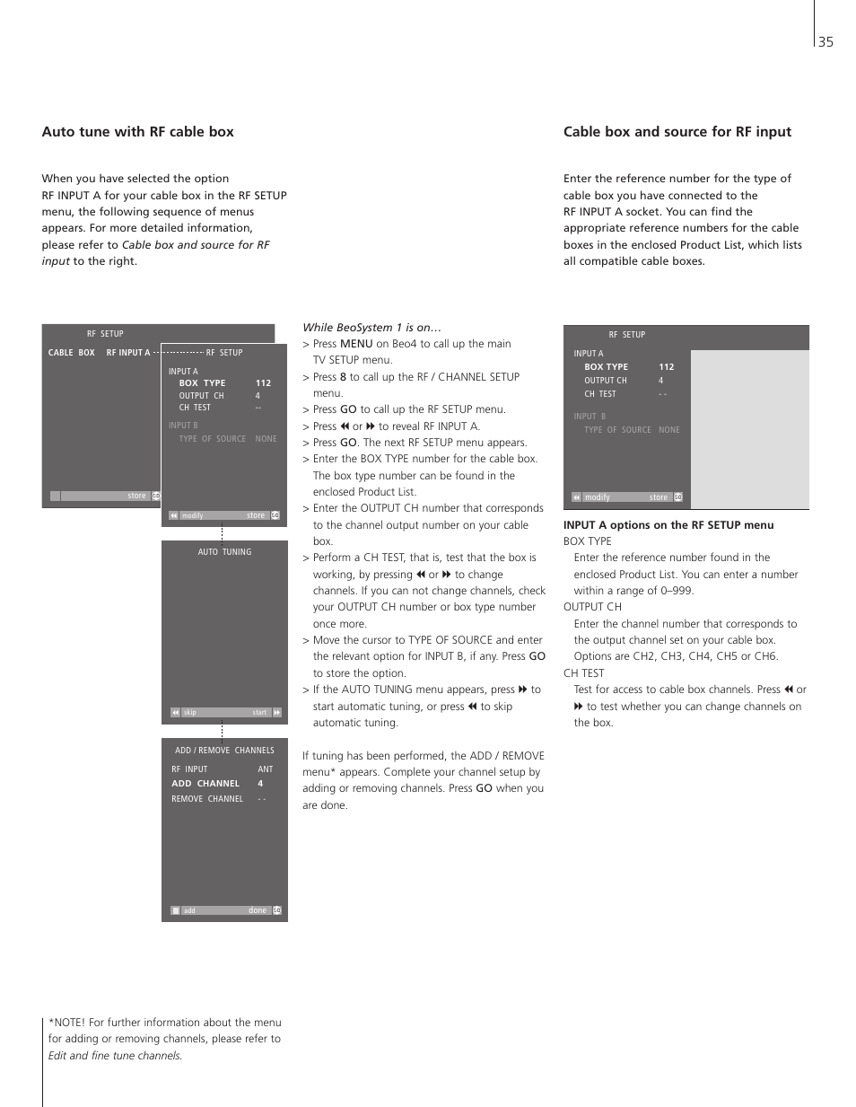 35 auto tune with rf cable box, Cable box and source for rf input | Bang & Olufsen BeoSystem 1 User Manual | Page 35 / 52