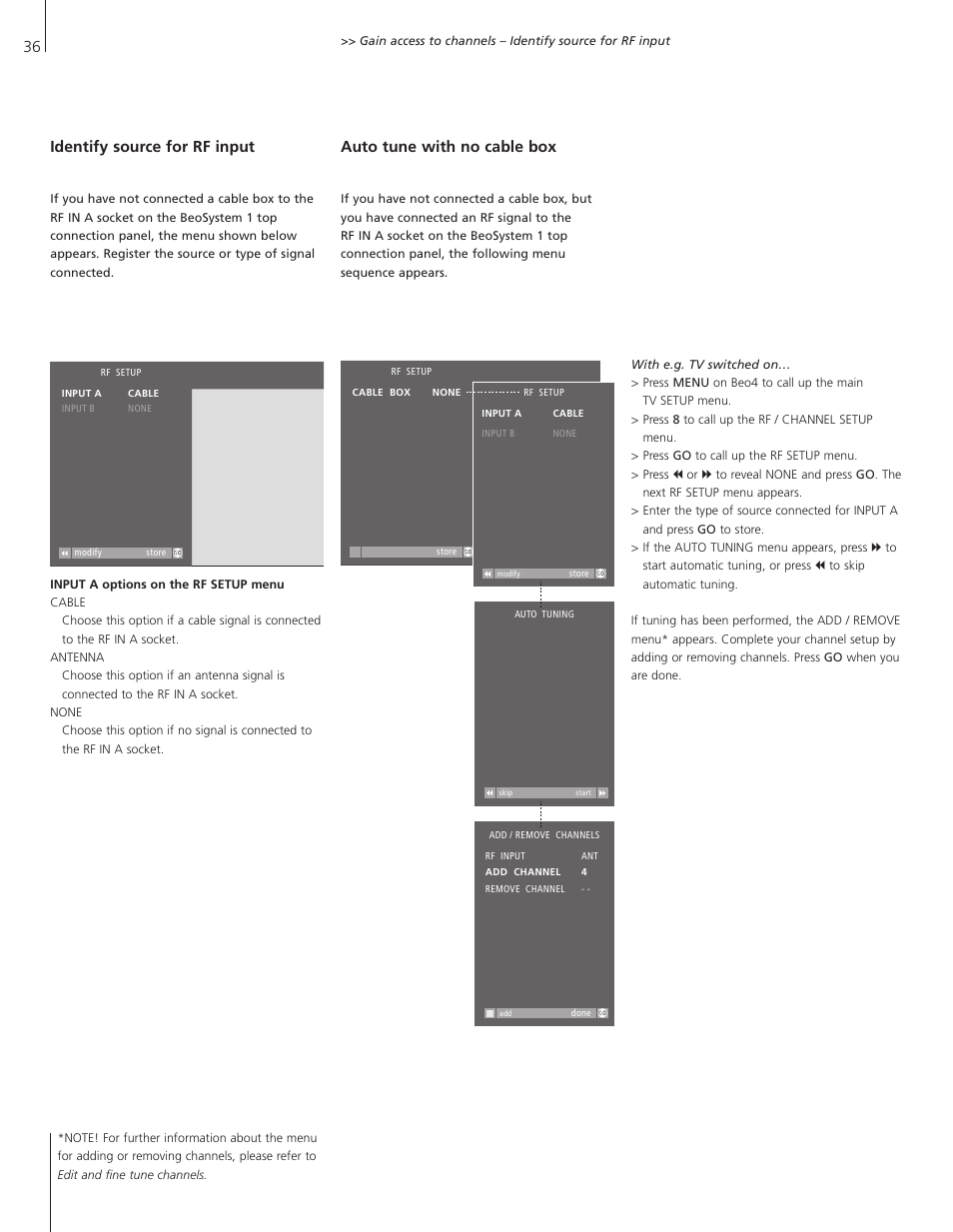 Identify source for rf input, Auto tune with no cable box | Bang & Olufsen BeoSystem 1 User Manual | Page 36 / 52