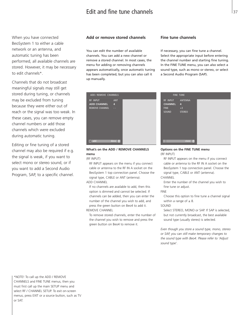 Edit and fine tune channels | Bang & Olufsen BeoSystem 1 User Manual | Page 37 / 52