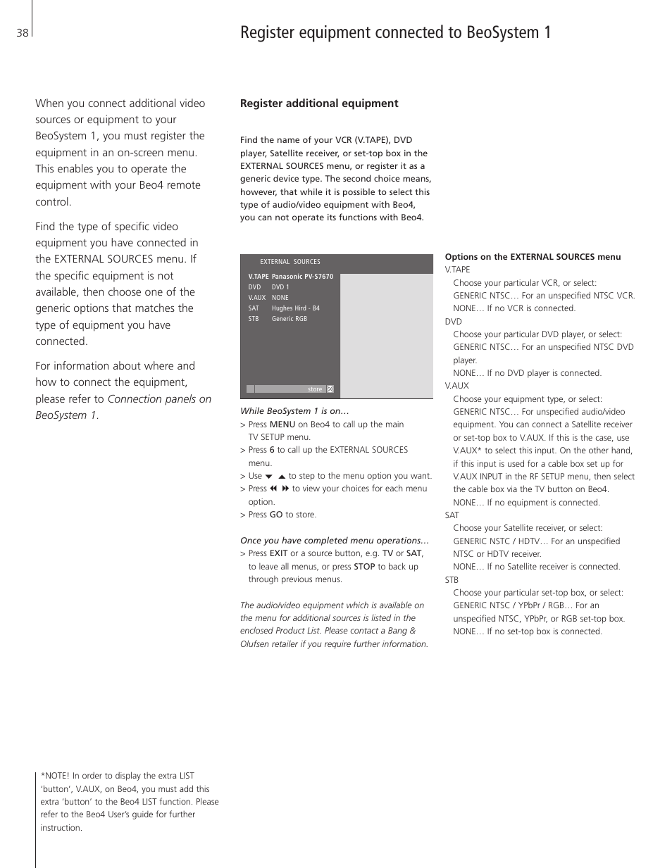 Register equipment connected to beosystem 1 | Bang & Olufsen BeoSystem 1 User Manual | Page 38 / 52