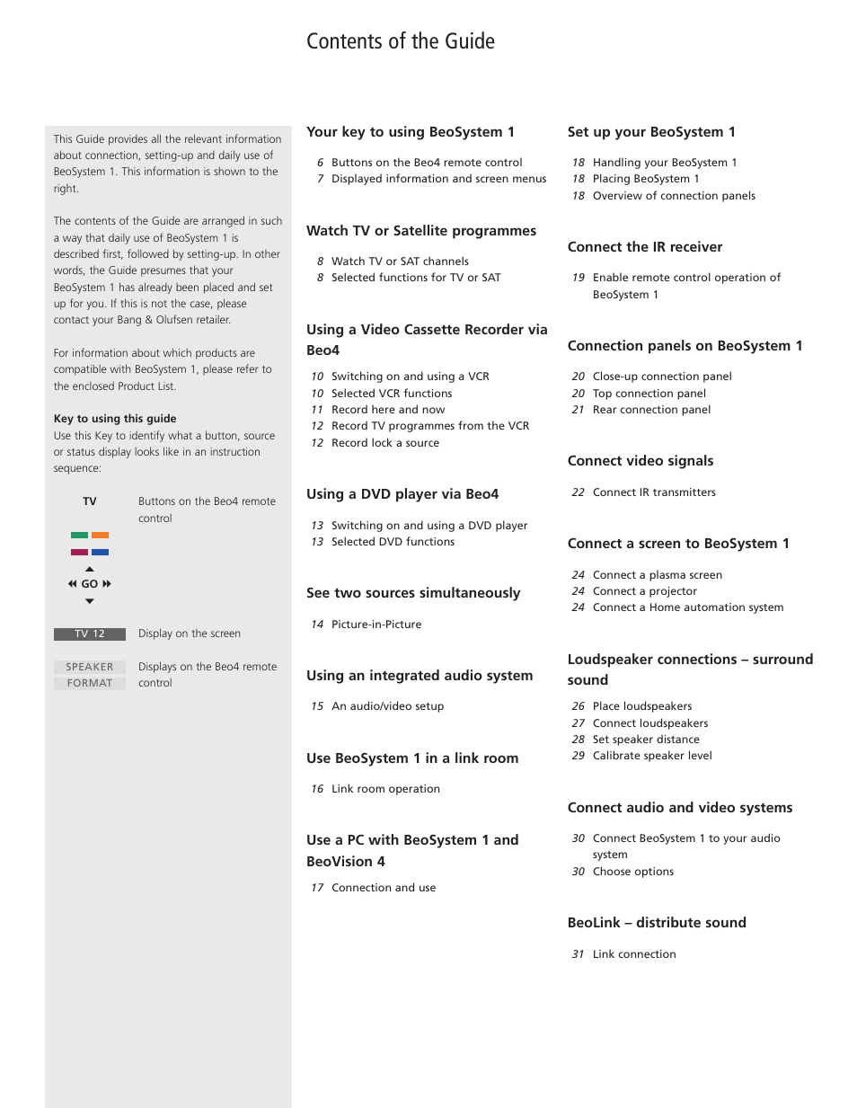 Contents of the guide | Bang & Olufsen BeoSystem 1 User Manual | Page 4 / 52