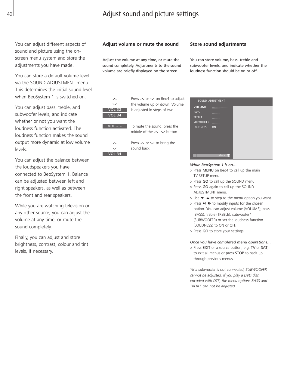 Adjust sound and picture settings | Bang & Olufsen BeoSystem 1 User Manual | Page 40 / 52