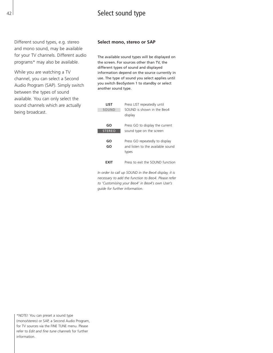 Select sound type | Bang & Olufsen BeoSystem 1 User Manual | Page 42 / 52