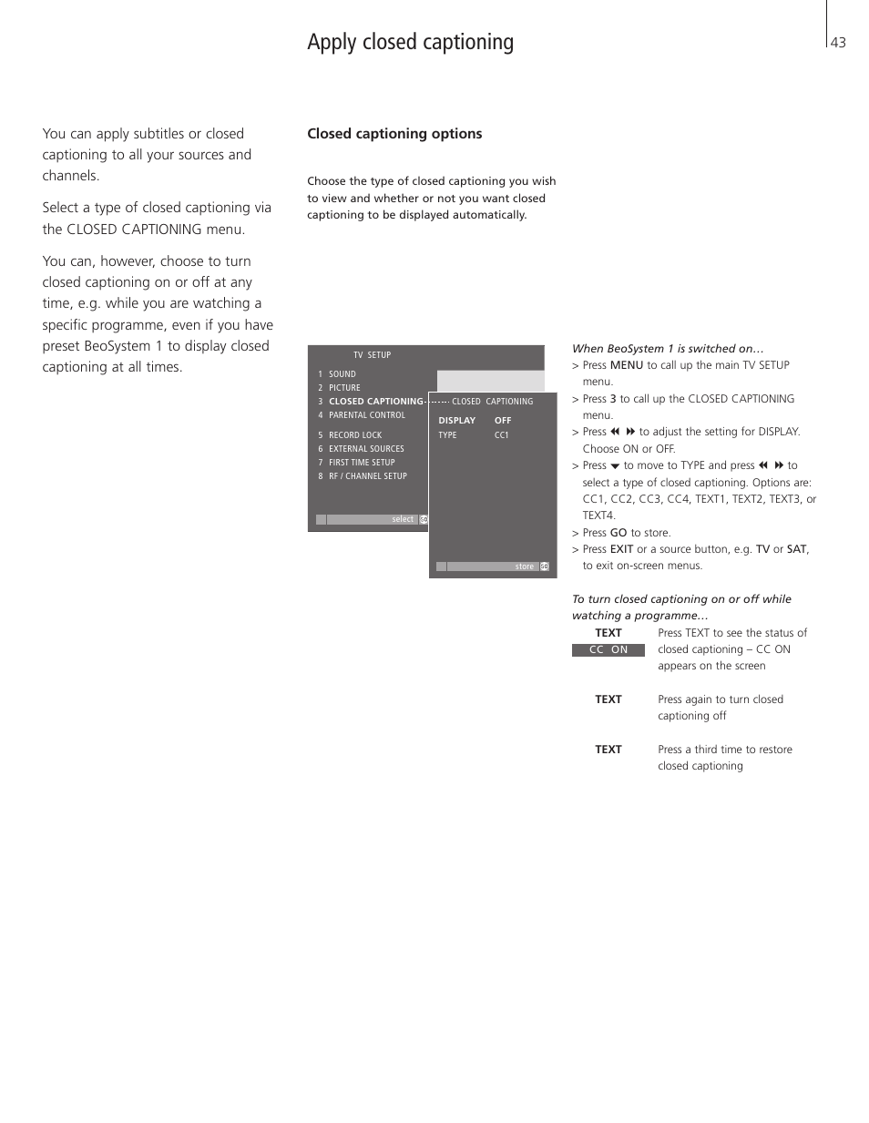 Apply closed captioning | Bang & Olufsen BeoSystem 1 User Manual | Page 43 / 52