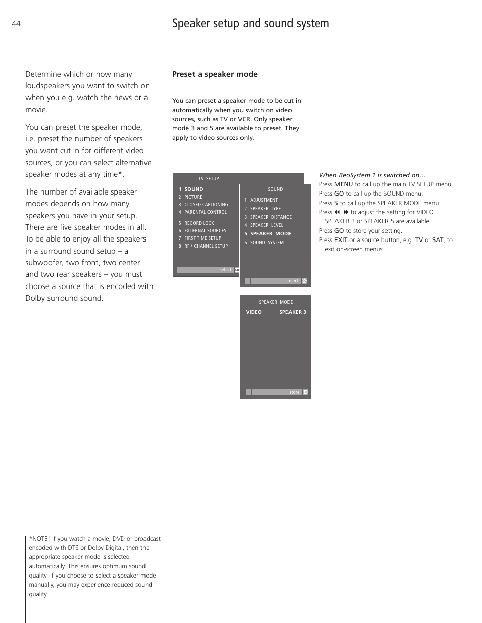 Speaker setup and sound system | Bang & Olufsen BeoSystem 1 User Manual | Page 44 / 52