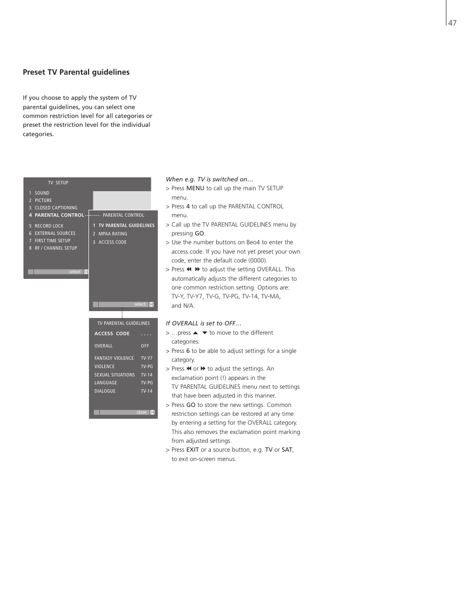 47 preset tv parental guidelines | Bang & Olufsen BeoSystem 1 User Manual | Page 47 / 52