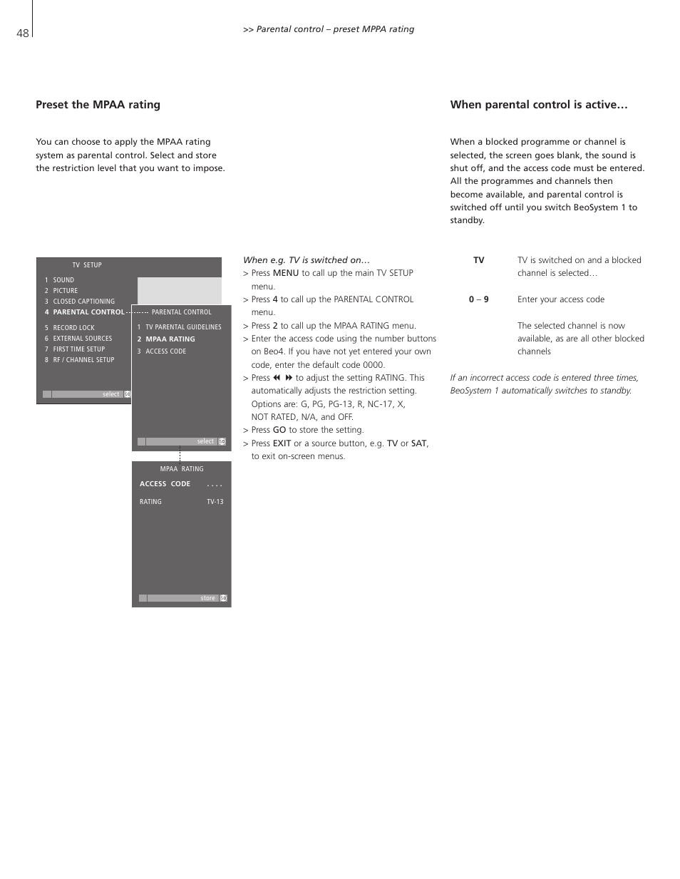 Preset the mpaa rating, When parental control is active | Bang & Olufsen BeoSystem 1 User Manual | Page 48 / 52