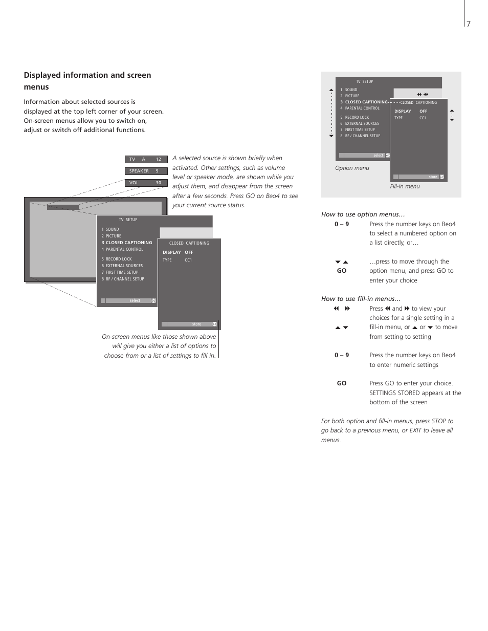 7displayed information and screen menus | Bang & Olufsen BeoSystem 1 User Manual | Page 7 / 52