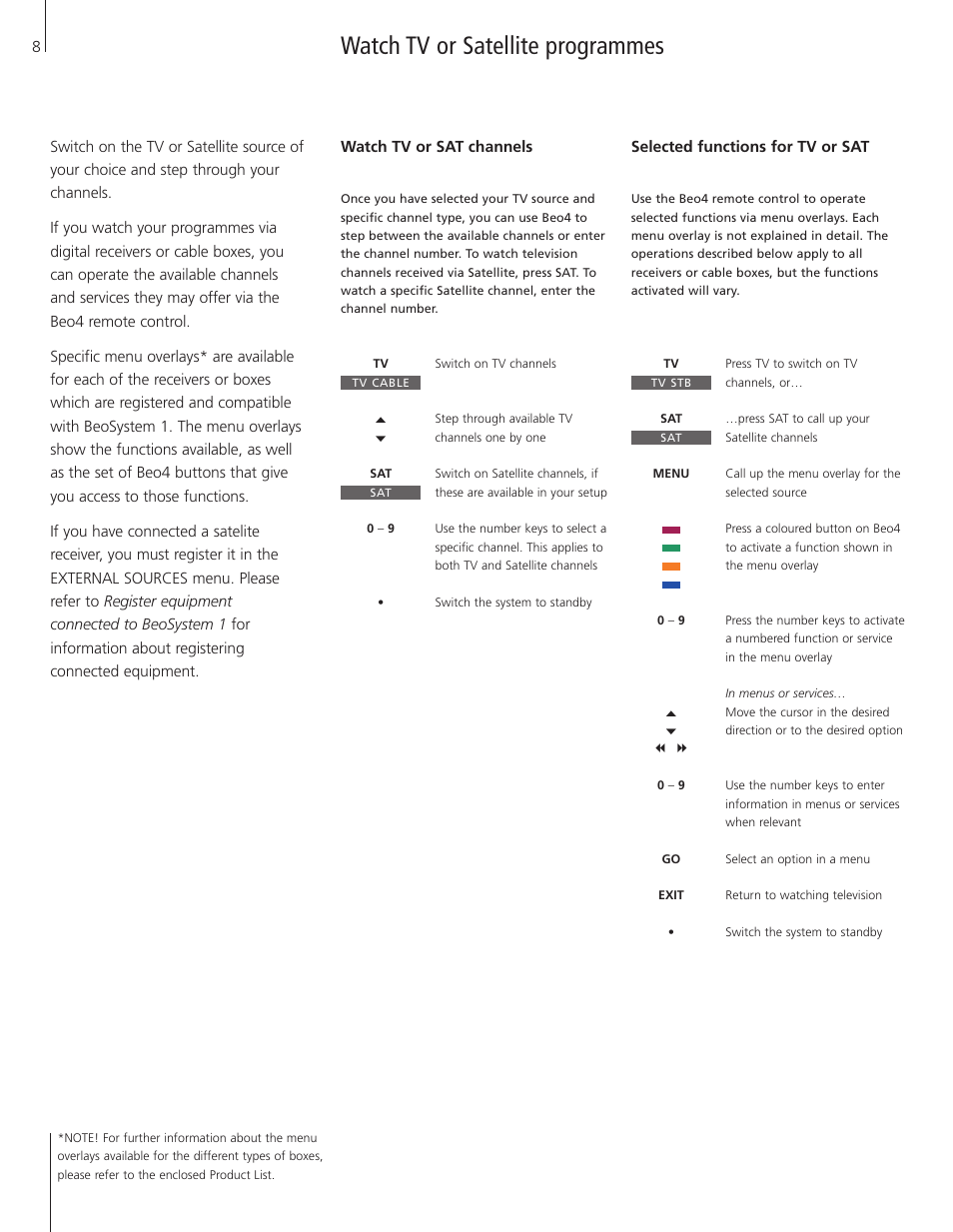 Watch tv or satellite programmes | Bang & Olufsen BeoSystem 1 User Manual | Page 8 / 52