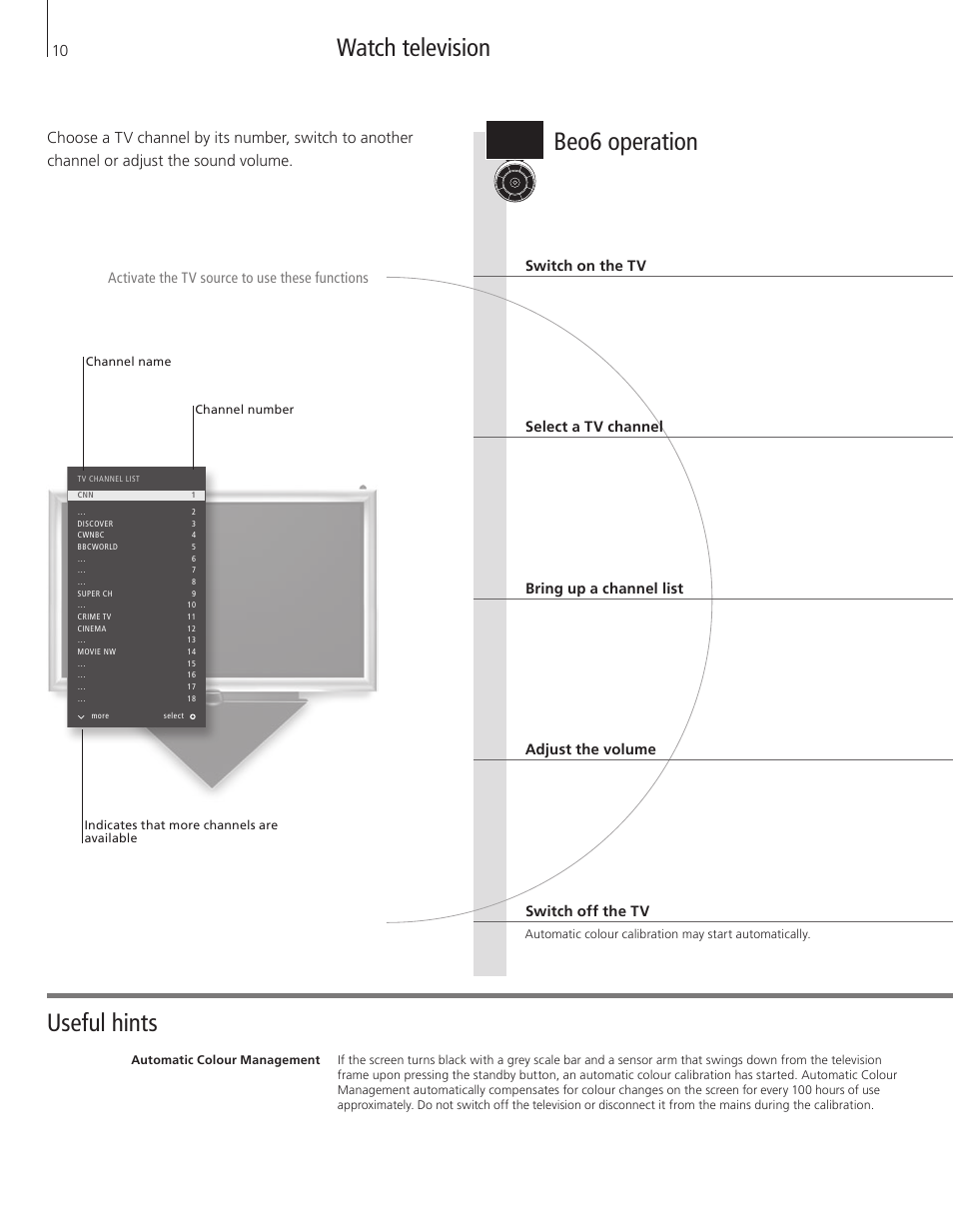 Watch television, Useful hints, Beo6 operation | Bang & Olufsen BeoSystem 3 Getting Started User Manual | Page 10 / 32